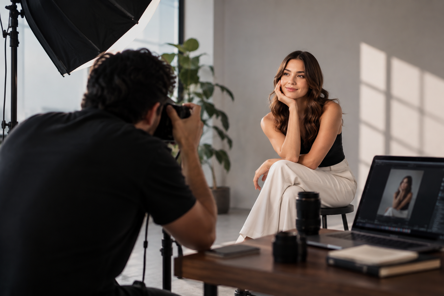 Sesión de fotos profesional en estudio en Guatemala con fotógrafo y modelo